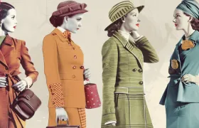 Four women in 1930s coats, suits and hats, vintage illustration
