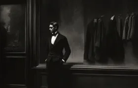 Man in a dark suit standing in a dim early-1900s clothing store