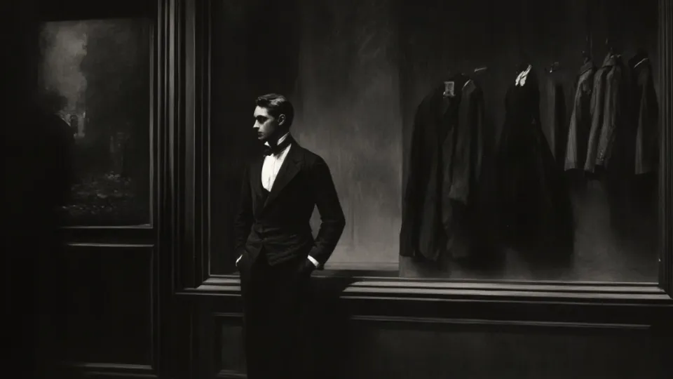 Man in a dark suit standing in a dim early-1900s clothing store