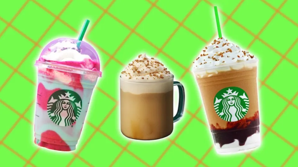 Three Starbucks drinks — Unicorn Frappuccino, whipped-cream latte mug and layered Frappuccino