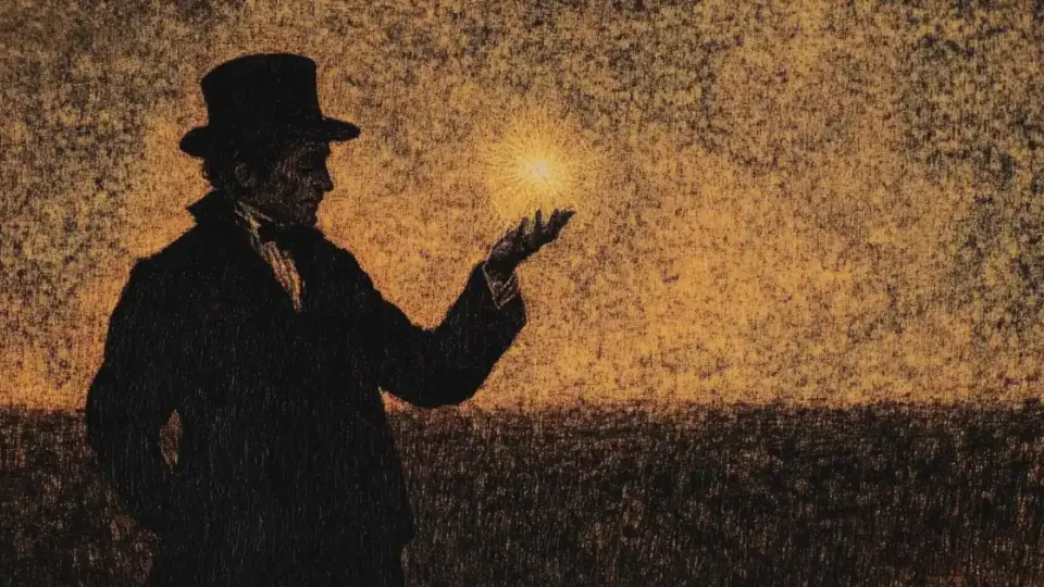 Silhouetted magician in a top hat holding a glowing light at dusk