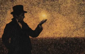 Silhouetted magician in a top hat holding a glowing light at dusk