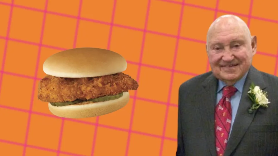 S. Truett Cathy portrait beside a Chick-fil-A chicken sandwich
