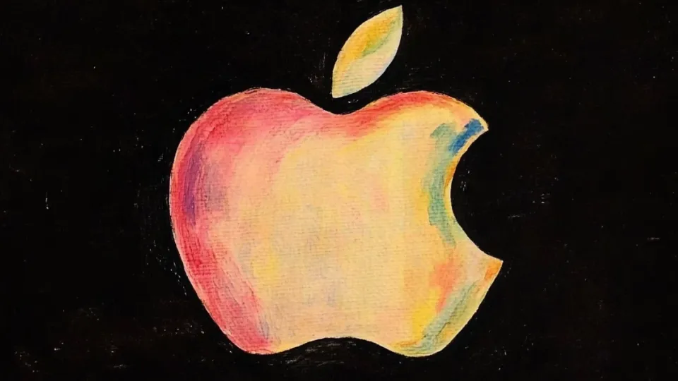 Watercolor Apple logo in rainbow colors on black background