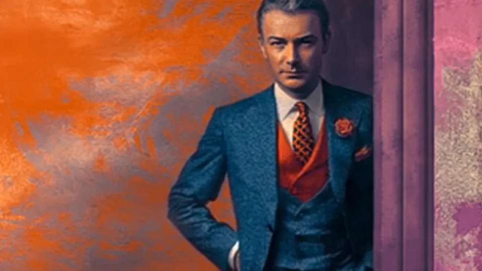 Illustrated portrait of man in blue three-piece suit with orange tie