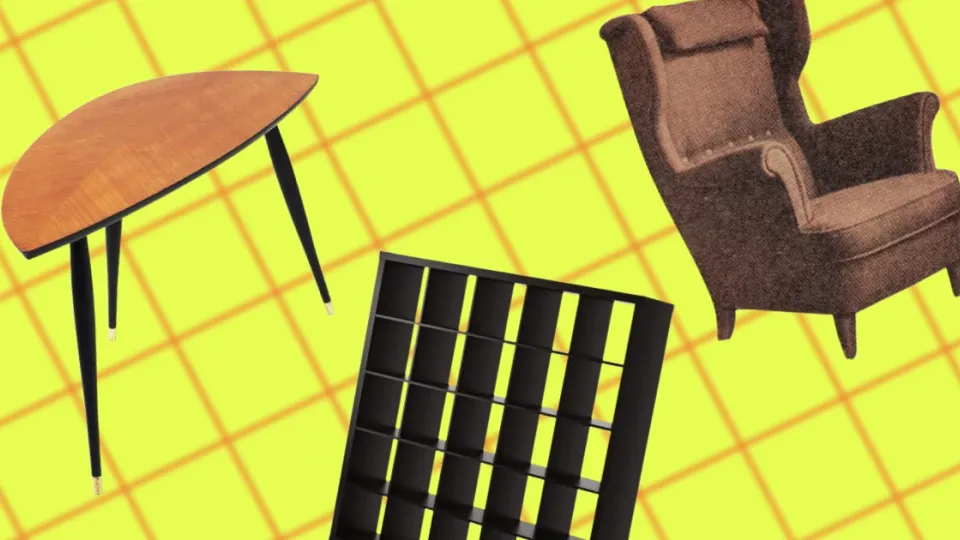 Discontinued IKEA LÖVET table, EXPEDIT cube shelf and wingback armchair