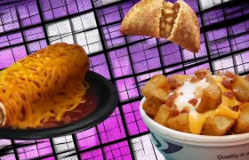 Cheesy Taco Bell burrito, empanada and loaded potatoes on a purple halftone collage