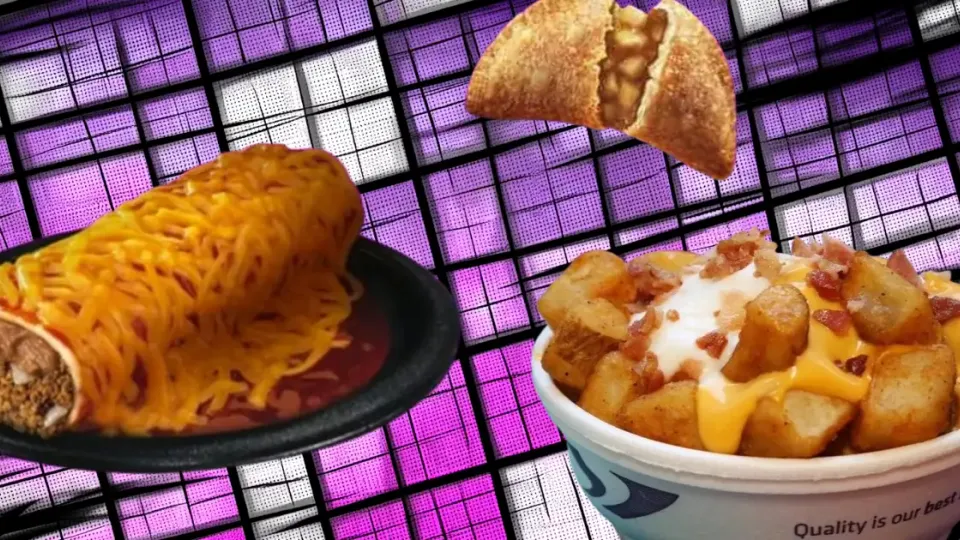 Cheesy Taco Bell burrito, empanada and loaded potatoes on a purple halftone collage