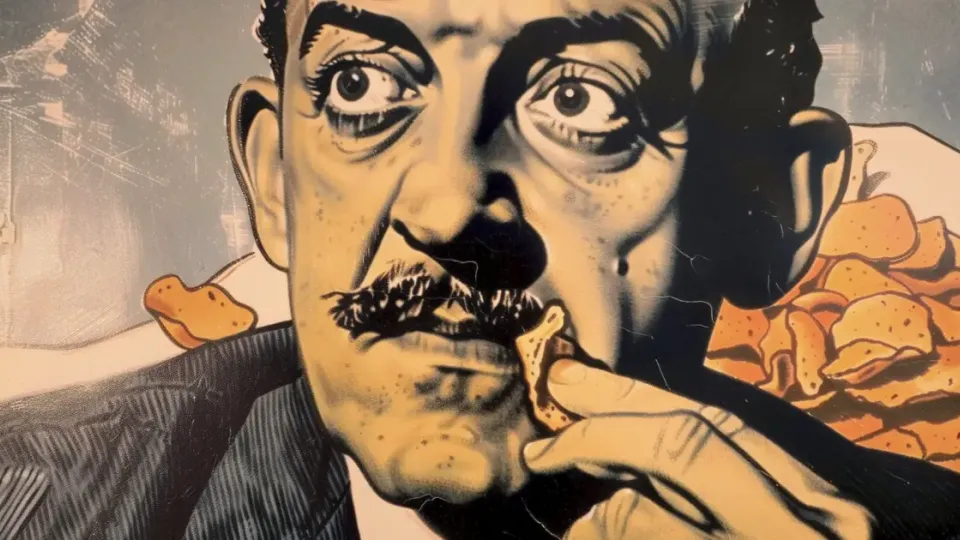 Vintage-style caricature of a mustached man eating a chip beside a plate