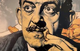 Vintage-style caricature of a mustached man eating a chip beside a plate