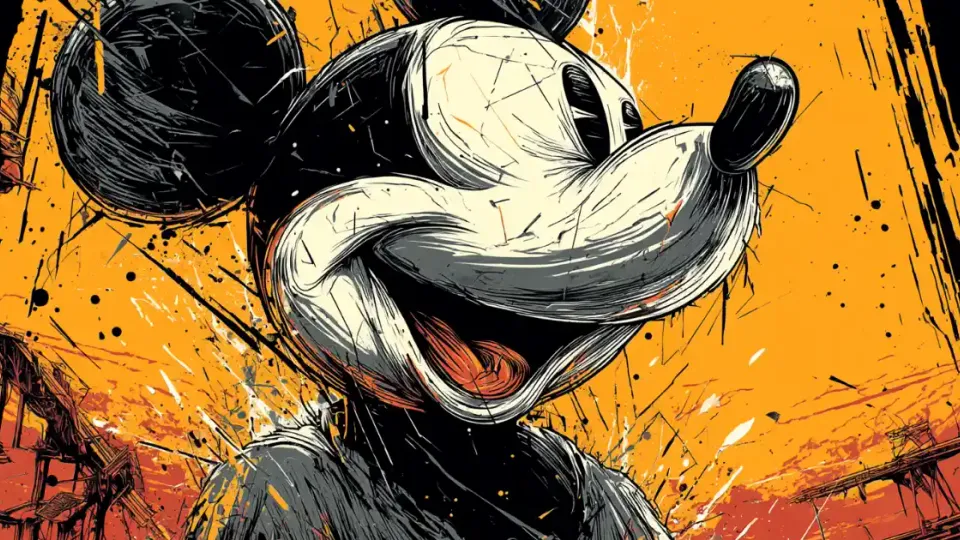 Stylized Mickey Mouse illustration on orange ink-splatter background