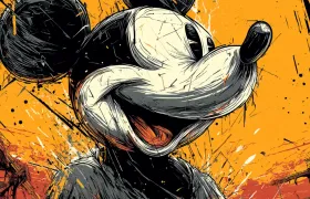 Stylized Mickey Mouse illustration on orange ink-splatter background