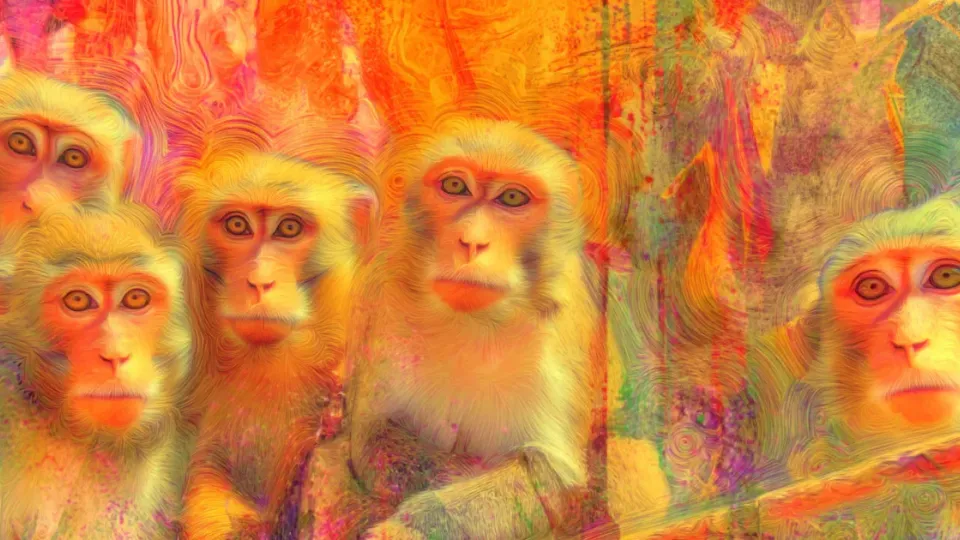 Five macaques illustrated in vivid psychedelic orange and yellow tones