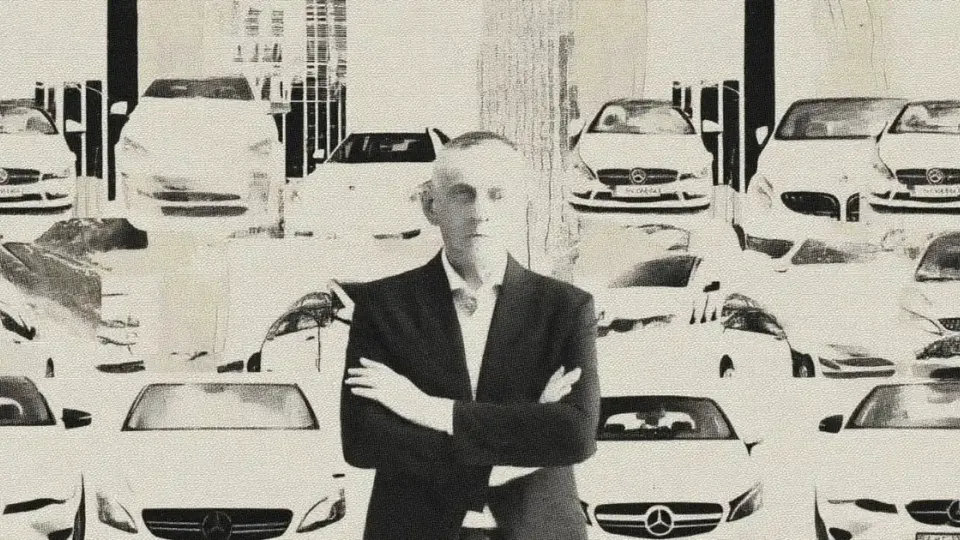 Man in dark suit with arms crossed before rows of parked rental cars