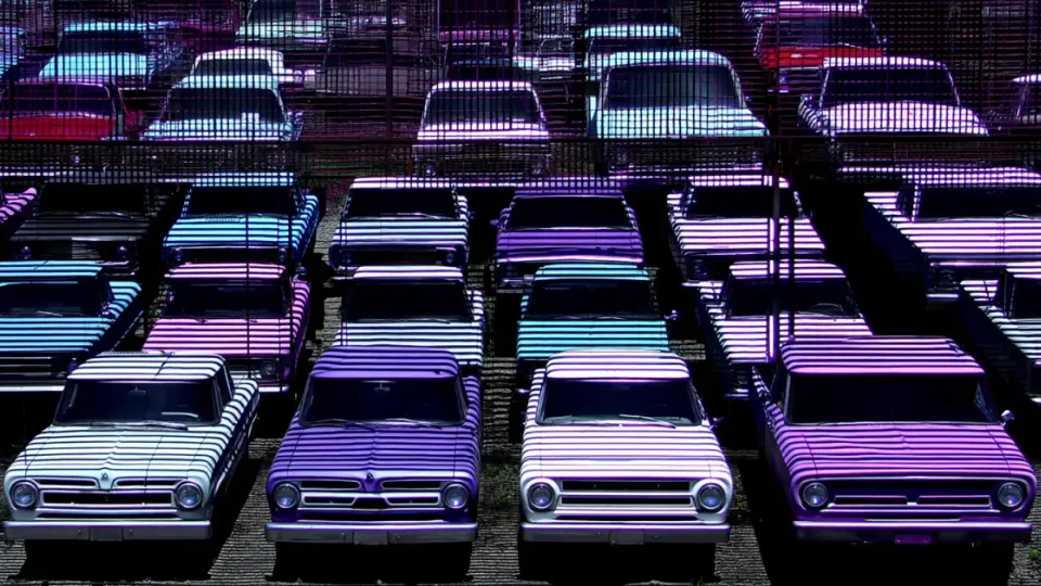 Rows of vintage cars parked in a lot under purple glitch effect