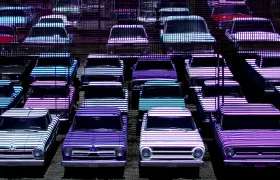 Rows of vintage cars parked in a lot under purple glitch effect