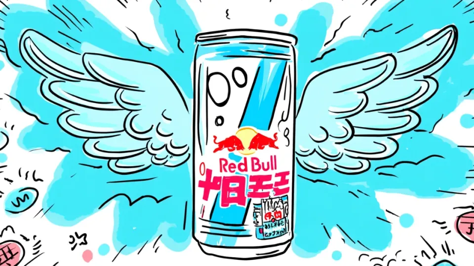 Cartoon Red Bull can with angel wings and Japanese lettering