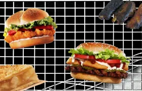 Collage of discontinued Burger King menu items including a TenderCrisp chicken sandwich, a barbecue burger with onion rings, Fire-Grilled Ribs, and a slice of Dutch Apple Pie
