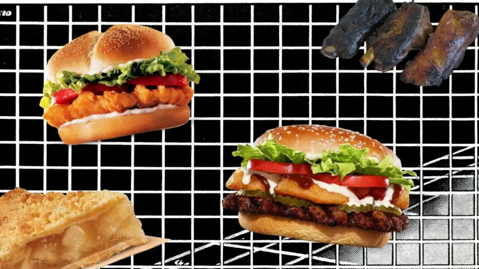 Collage of discontinued Burger King menu items including a TenderCrisp chicken sandwich, a barbecue burger with onion rings, Fire-Grilled Ribs, and a slice of Dutch Apple Pie