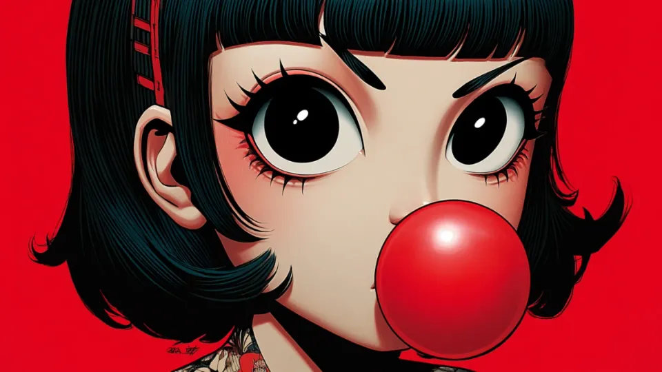 Cartoon girl with black bob hair blowing a red bubble gum bubble