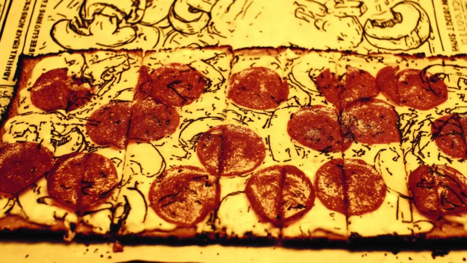 Rectangular pepperoni pizza close-up over a sepia vintage newspaper background