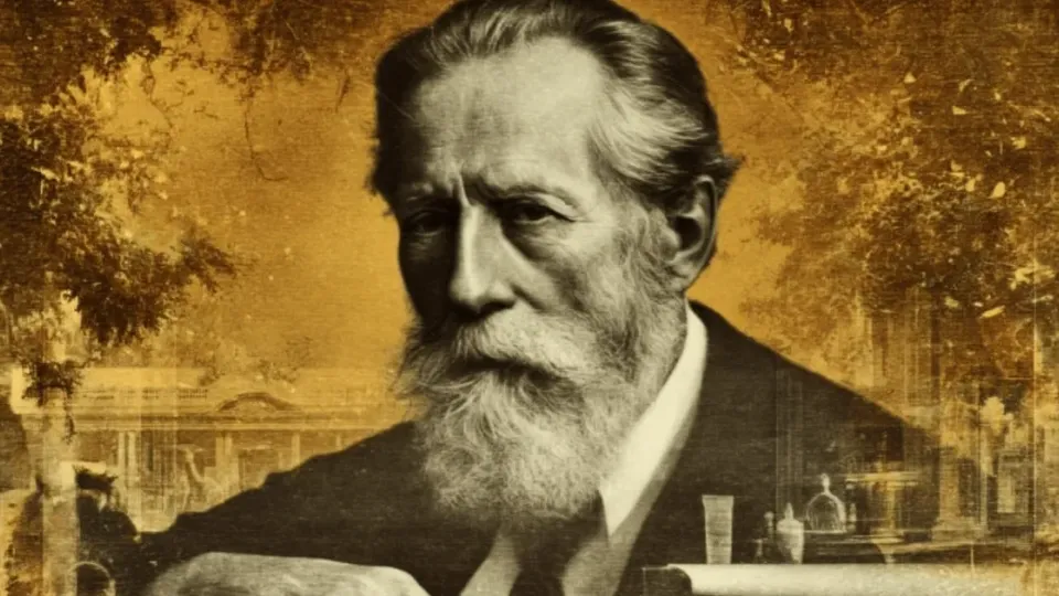 Henri Nestle portrait, bearded man in sepia with laboratory glassware