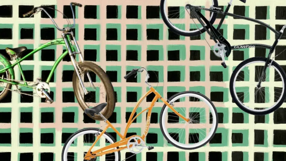 Three Electra cruiser bicycles on a painted green checkered background
