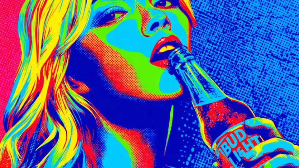 Pop-art illustration of a blonde woman drinking a Bud Light bottle