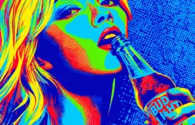 Pop-art illustration of a blonde woman drinking a Bud Light bottle