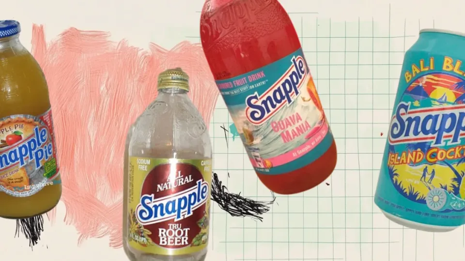 Snapple Apple Pie, Tru Root Beer and Guava Mania bottles with Bali Blast can