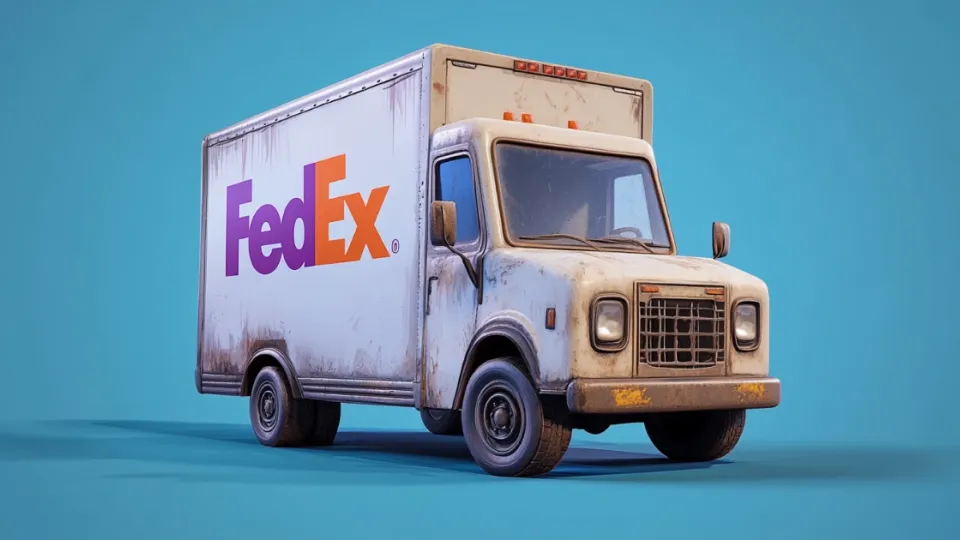 Weathered white FedEx delivery truck with purple and orange logo