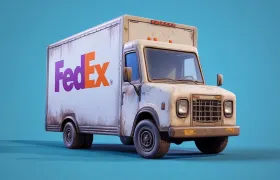 Weathered white FedEx delivery truck with purple and orange logo
