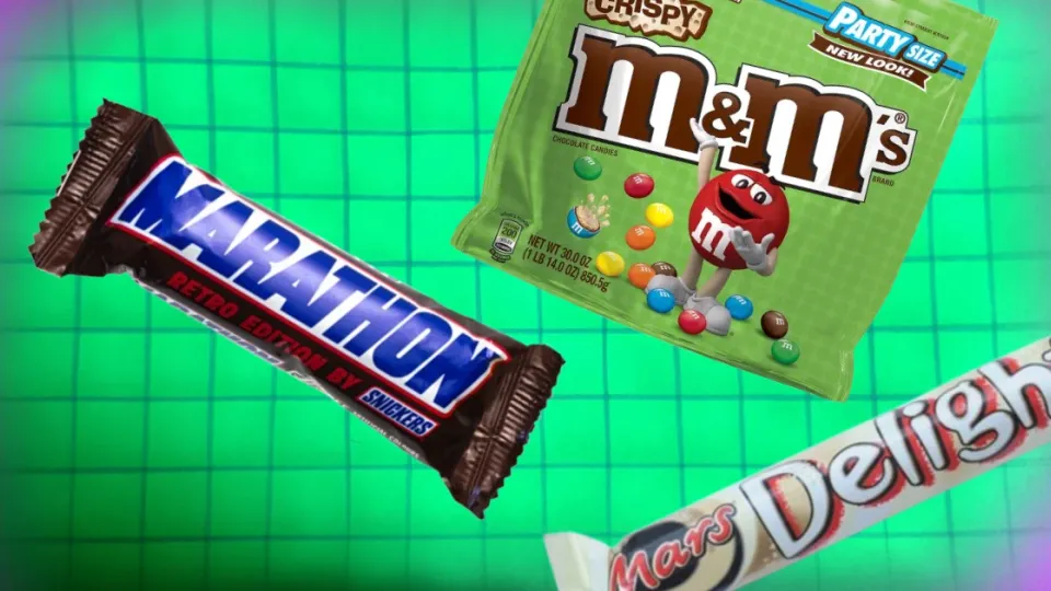 Marathon retro bar, Crispy M&M's bag and Mars Delight wrapper