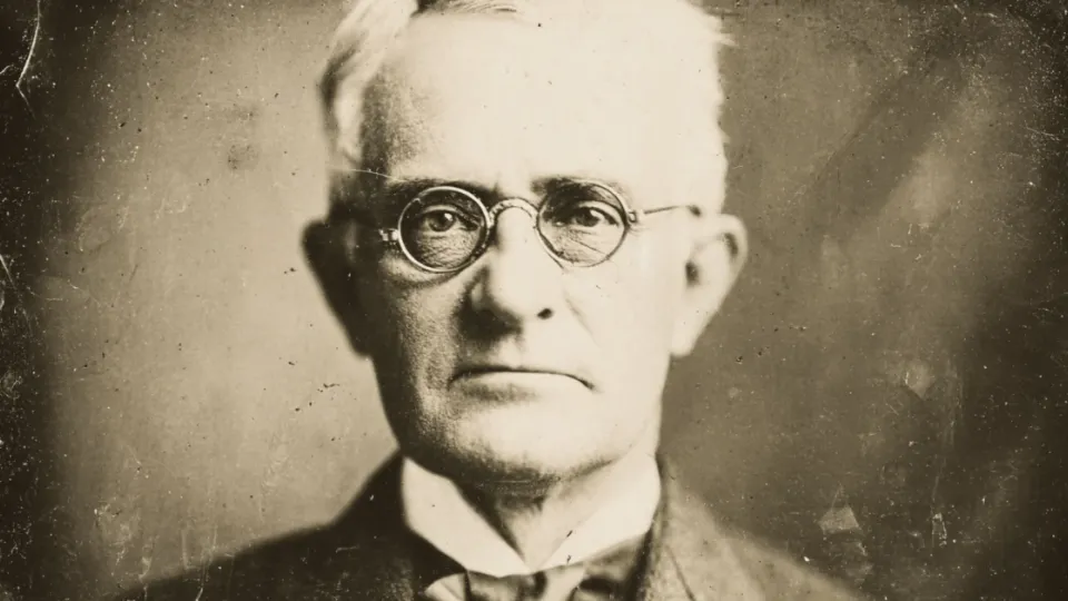George Eastman portrait, elderly man in round wire-rim glasses, sepia photograph