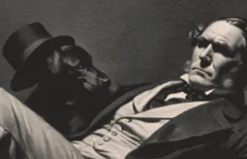 Sepia illustration of stern Victorian man reclining beside dog in top hat