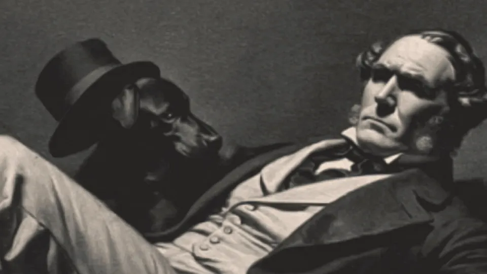 Sepia illustration of stern Victorian man reclining beside dog in top hat