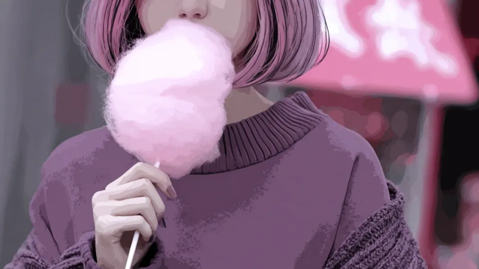 Illustrated woman with pink bob hair eating pink cotton candy on a stick