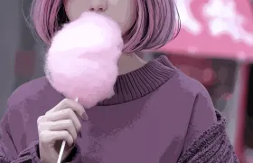Illustrated woman with pink bob hair eating pink cotton candy on a stick