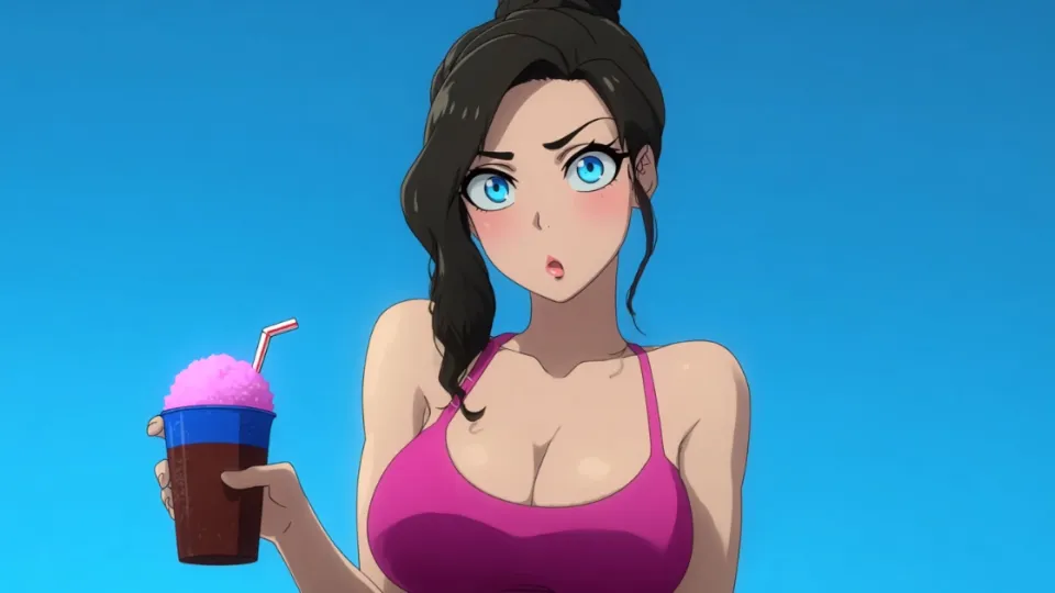 Anime-style woman holding a cup of pink shaved ice with a straw