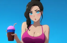 Anime-style woman holding a cup of pink shaved ice with a straw