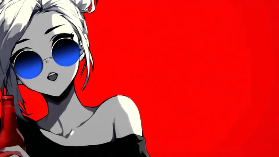 Anime-style illustration of woman in sunglasses holding a red beer bottle