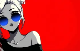 Anime-style illustration of woman in sunglasses holding a red beer bottle