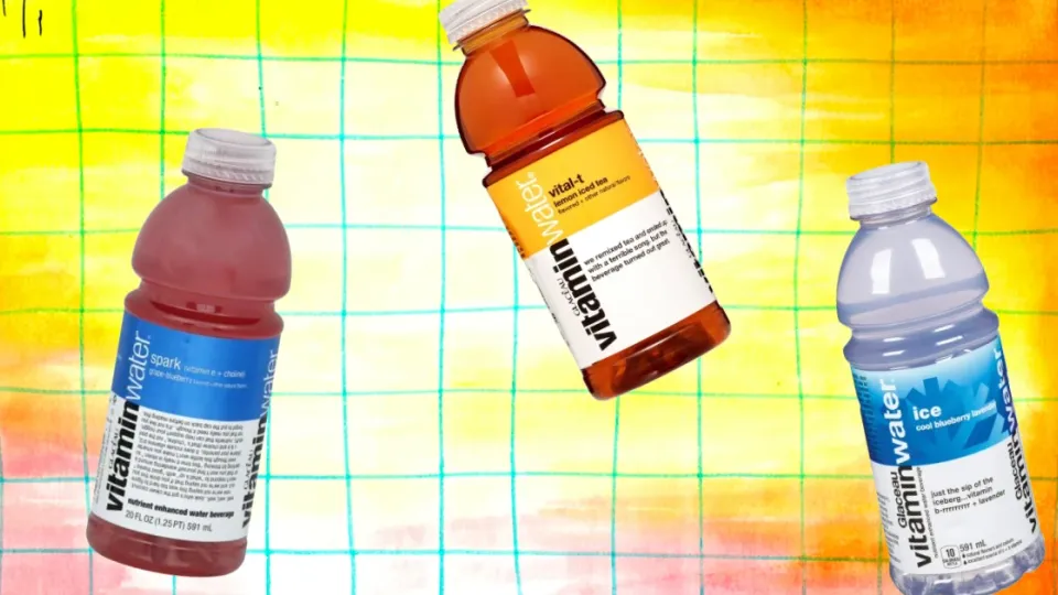 Three Vitaminwater bottles in spark, vital-t and ice flavors