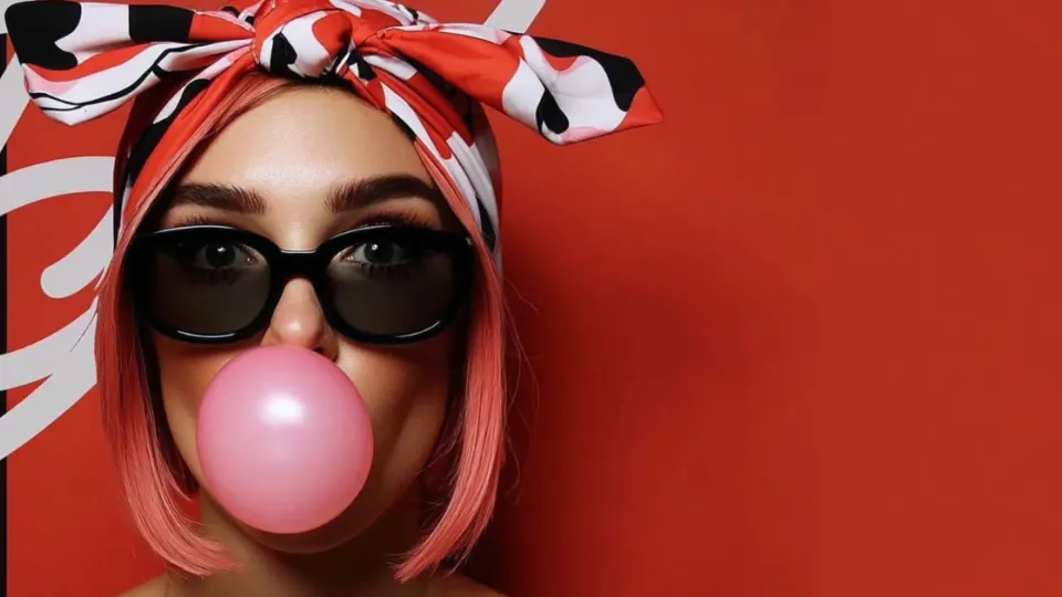 Woman in sunglasses and headscarf blowing a pink bubble gum bubble