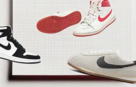 Nike Air Jordan 1, red-and-white high-top and grey suede Cortez sneakers