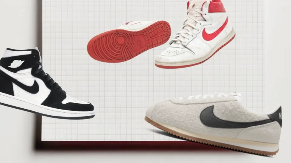 Nike Air Jordan 1, red-and-white high-top and grey suede Cortez sneakers