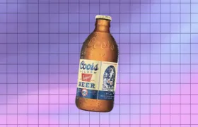 Coors Golden Banquet Beer stubby bottle against purple grid background