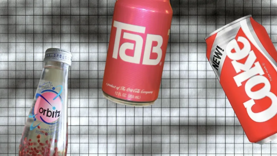 Orbitz bottle, Tab can, and New Coke can on grid background