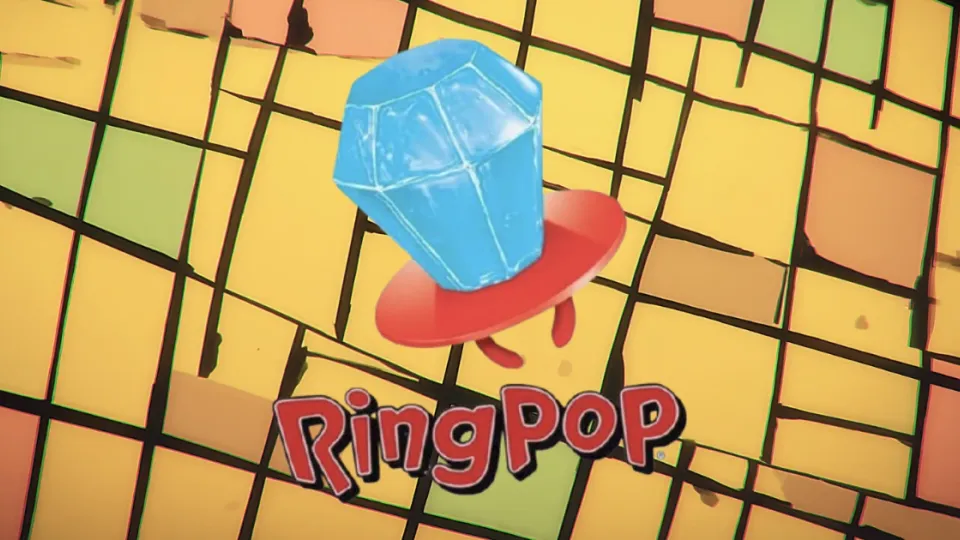 Blue diamond Ring Pop candy above the RingPop logo