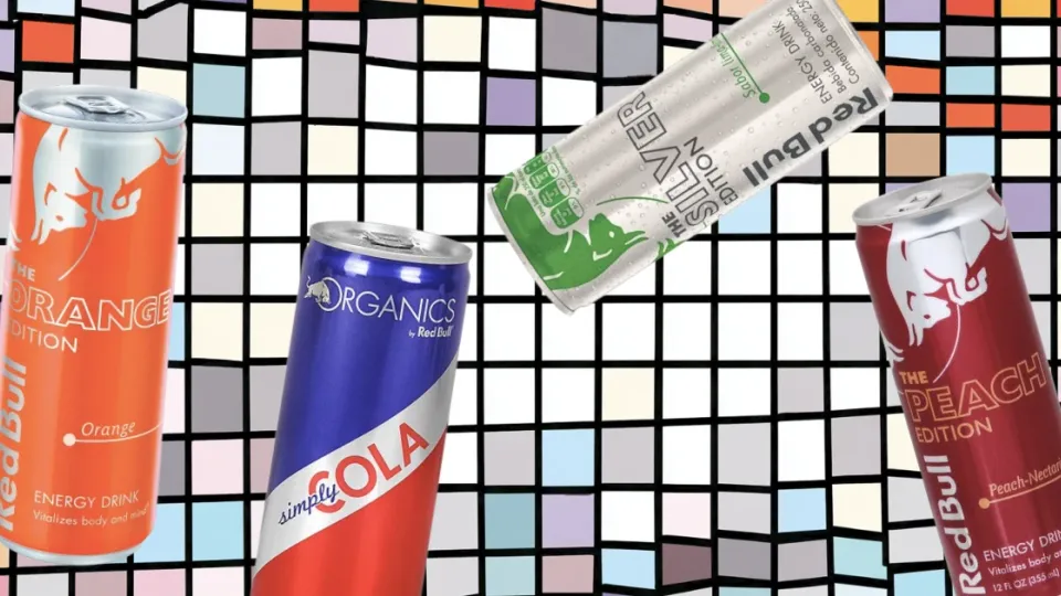 Four discontinued Red Bull flavor cans including the Orange Edition, Simply Cola, Silver Edition and Peach Edition